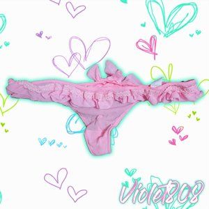 [L] La Senza Vintage Pink Floral Lace Frill Mesh Bow Low Rise String Thong Panty
